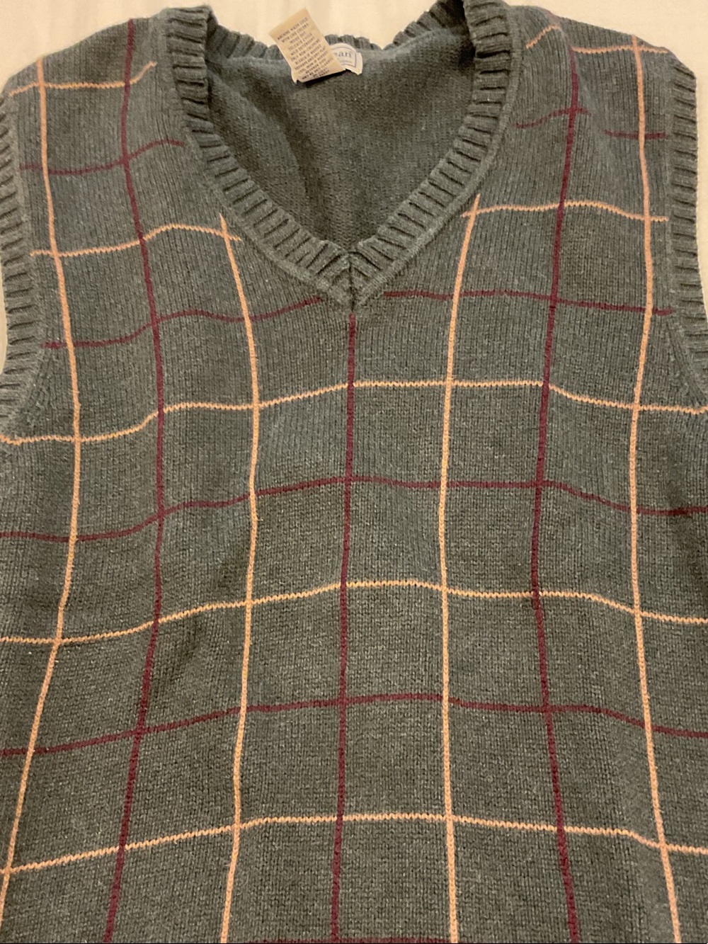 L.L. Bean Men's Sweater Vest V-Neck Green Windowpane All Cotton
